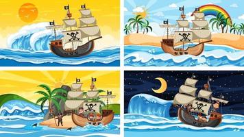 Set of different beach scenes with pirate ship and pirate cartoon character vector