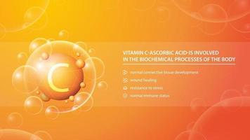 Vitamin C, orange information poster with abstract medicine golden capsule and list of benefits for health vector