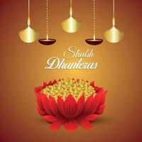 tarjeta de felicitación de invitación shubh dhanteras con moneda de oro vector