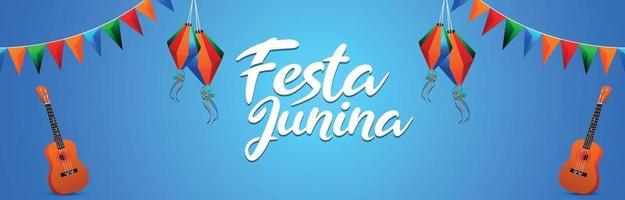 banner de invitación de festa junina con bandera de fiesta colorida y linterna de papel vector