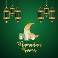 Ramadan kareem invitation greeting card with creative golden lantern with arabic pattern background vector