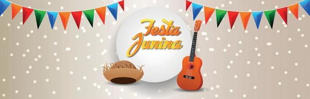 Banner de invitación de festa junina o encabezado con un cubo de palomitas de maíz creativo y una colorida bandera de fiesta vector