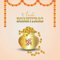 Fondo de Dhanteras con olla de monedas y diya. vector