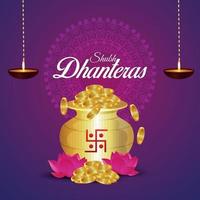 Dhanteras sale greeting card and banner with lotus flower and gold coin with kalash vector