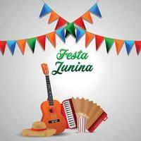 Festa junina brazilian event with hat and colorful party flag vector