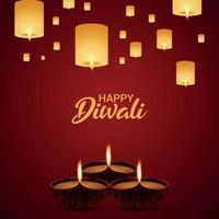 Ilustración de vector de feliz día de fiesta de diwali con lámpara de diwali y aceite de vector diya