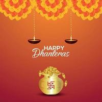 Shubh dhanteras invitation greeting card with vector gold coin pot and garland flower