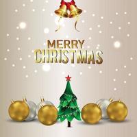 Modern merry christmas background with vector golden party ball and christmas tree