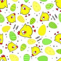 Seamless pattern of eggs, flowers and hen baby. vector