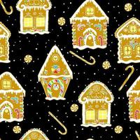 Christmas gingerbread seamless pattern with gingerbread houses on black background. vector