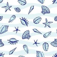 Hand drawn sea shells and stars seamless collection. Marine illustration shell. Ideal for fabric, wallpaper, wrapping paper, textile, bedding, t-shirt print. vector