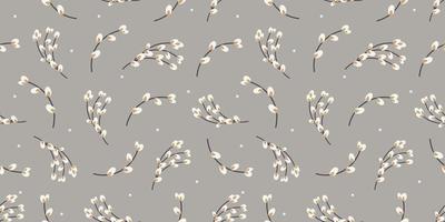 Willow twigs seamless background. Willow twigs on a gray background. Spring pattern.Design for paper, textiles. Vector flat illustration