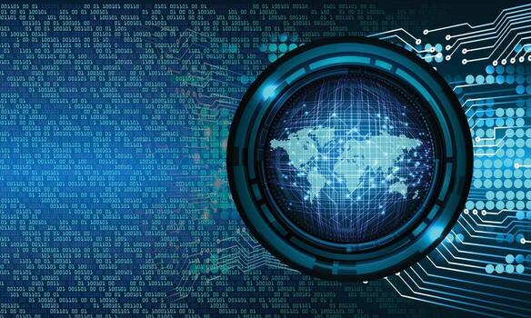 Tecnología futura de la placa de circuito binario mundial, fondo azul del concepto de seguridad cibernética de hud vector