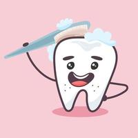 The cute little tooth is brushing himself. Daily oral care. vector