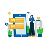 people enjoy 5g services for communication with cellphones and computers vector illustration, suitable for landing page, ui, website, mobile app, editorial, poster, flyer, article, and banner