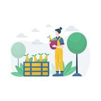 a farmer grows and harvests fruits and vegetables vector illustration, suitable for landing page, ui, website, mobile app, editorial, poster, flyer, article, and banner