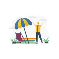 La gente de las vacaciones de verano va a la playa para tomar el sol y divertirse con la ilustración vectorial, adecuada para la página de destino, la interfaz de usuario, el sitio web, la aplicación móvil, la editorial, el póster, el folleto, el artículo y el banner. vector