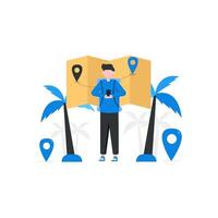 Vector illustration of people looking for vacation destinations, suitable for landing pages, UI, web sites, mobile applications, editorials, posters, leaflets, articles, and banners