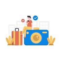 a traveler is preparing luggage, passports and cameras for a vacation vector illustration, suitable for landing page, ui, website, mobile app, editorial, poster, flyer, article, and banner