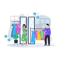 Ilustración de vector plano de una tienda de ropa y boutique con personas que se ocupan de comprar ropa y accesorios