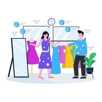 Flat vector illustration of a clothing shop and boutique with people dealing to buy clothes and accessories