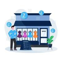 Flat vector illustration of a clothing shop and boutique with people dealing to buy clothes and accessories