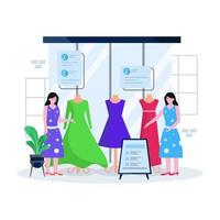 Ilustración de vector plano de una tienda de ropa y boutique con personas que se ocupan de comprar ropa y accesorios