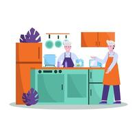 Flat vector illustration of chef prepares food well for shoppers in restaurants