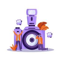 Flat vector illustration of photographer prepares equipment and takes a photo of the model professionally