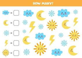 Counting game with cute weather events. Math worksheet. vector