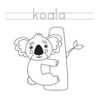 trazando letras con lindo koala. práctica de escritura para niños. vector