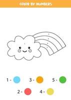 Color cute cartoon rainbow cloud by numbers. Worksheet for kids. vector