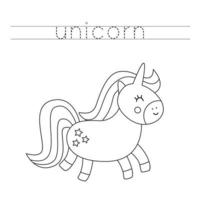 trazando letras con lindo unicornio. práctica de escritura para niños. vector