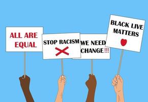 Stop racism concept, hands with different skin color holding posters in protest, rally due to oppression of black people, vector template, doodle, hand draw.