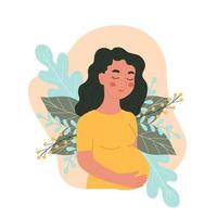 Happy pregnant woman holding her belly, Cartoon healthy mother with long hair holds her hands on her stomach with baby,Young woman expecting a baby, Doodle vector illustration.