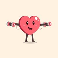 Cartoon heart character doing dumbbell lateral raise exercise training vector