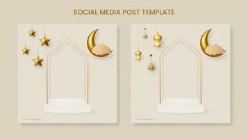Ramadan or Eid Mubarak square banner template with hanging ornaments and podium vector