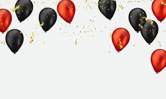 Globos rojos y negros, confeti dorado brilla para eventos y carteles de vacaciones. Ilustración de vector de celebración de fondo.