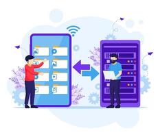 Backup data concept, People copying files or files transfer process on a giant smartphone to server. Vector illustration