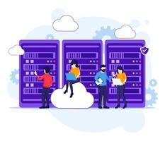 Cloud Computing concept, People working on laptop and server, Digital storage, data center. Vector illustration