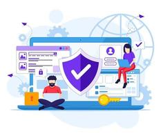 Internet security concept, People work on laptop, secure internet connection. Vector illustration