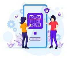 Concepto de tecnología de reconocimiento de huellas dactilares, mujeres que intentan acceder a su teléfono móvil con control de acceso biométrico. ilustración vectorial vector