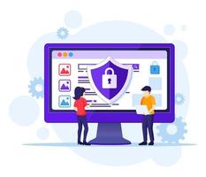 Computer Security concept, People work on screen protecting data and files. Vector illustration