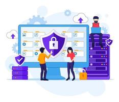 Data Security concept, People work on screen protecting data and files. Vector illustration