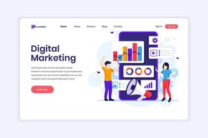 Landing page design concept of Digital Marketing, People with graphic charts and giant smartphone. vector illustration