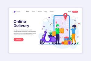 Landing page design concept of Online Delivery service with a Courier in uniform and a young woman with a medical mask. vector illustration