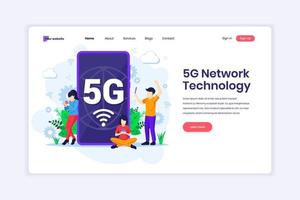 concepto de diseño de página de destino de la tecnología de red 5g. personas que utilizan una conexión inalámbrica de alta velocidad 5g en su teléfono móvil. ilustración vectorial vector