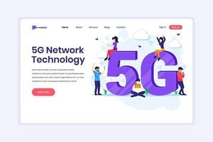 Landing page design concept of 5th Network Technology. People with giant 5G symbol using High-speed wireless connection 5G. vector illustration