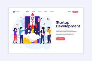 Landing page design concept of Business Startup Development, people working on a rocket and giant smartphone. vector illustration