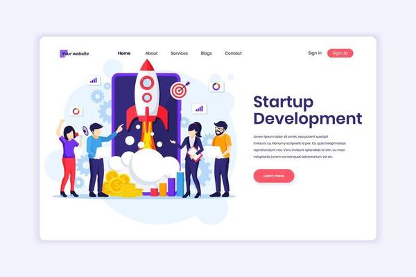 Landing page design concept of Business Startup Development, people working on a rocket and giant smartphone. vector illustration